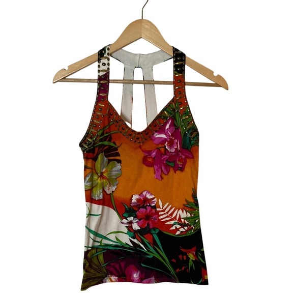 Cache Tops - Cache Womens Floral Orange Beaded Tank Top Size XS Resort Beach Vacation Dressy